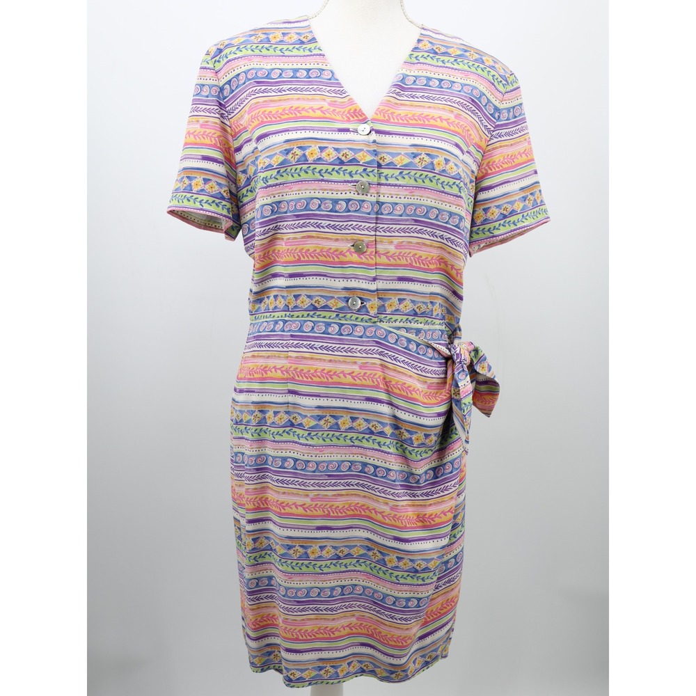 Vintage Talbots Petites Silk Faux Wrap Dress Colorful Print Knee Length 12P